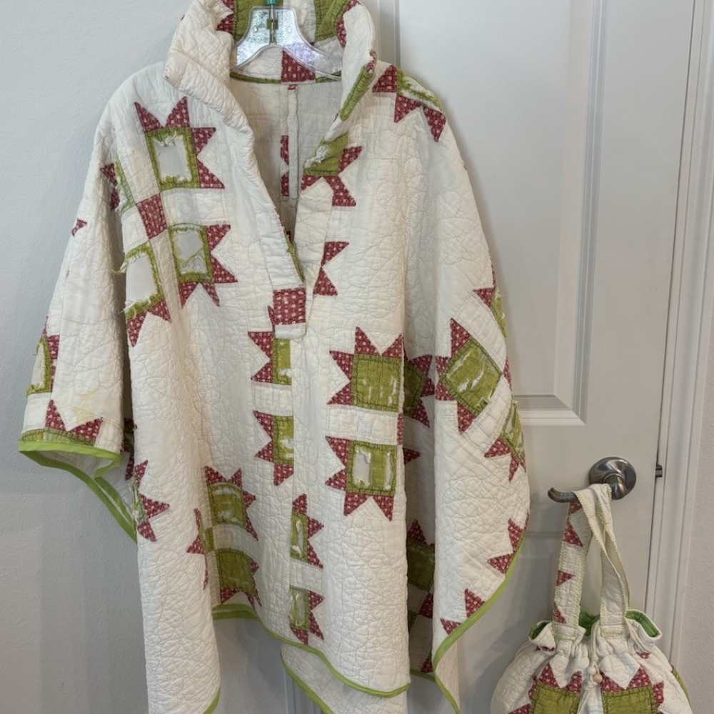 BOHO Upcycled Quilted Poncho Coat & Purse HIPPIE VINTAGE STYLE Green Red Awesome